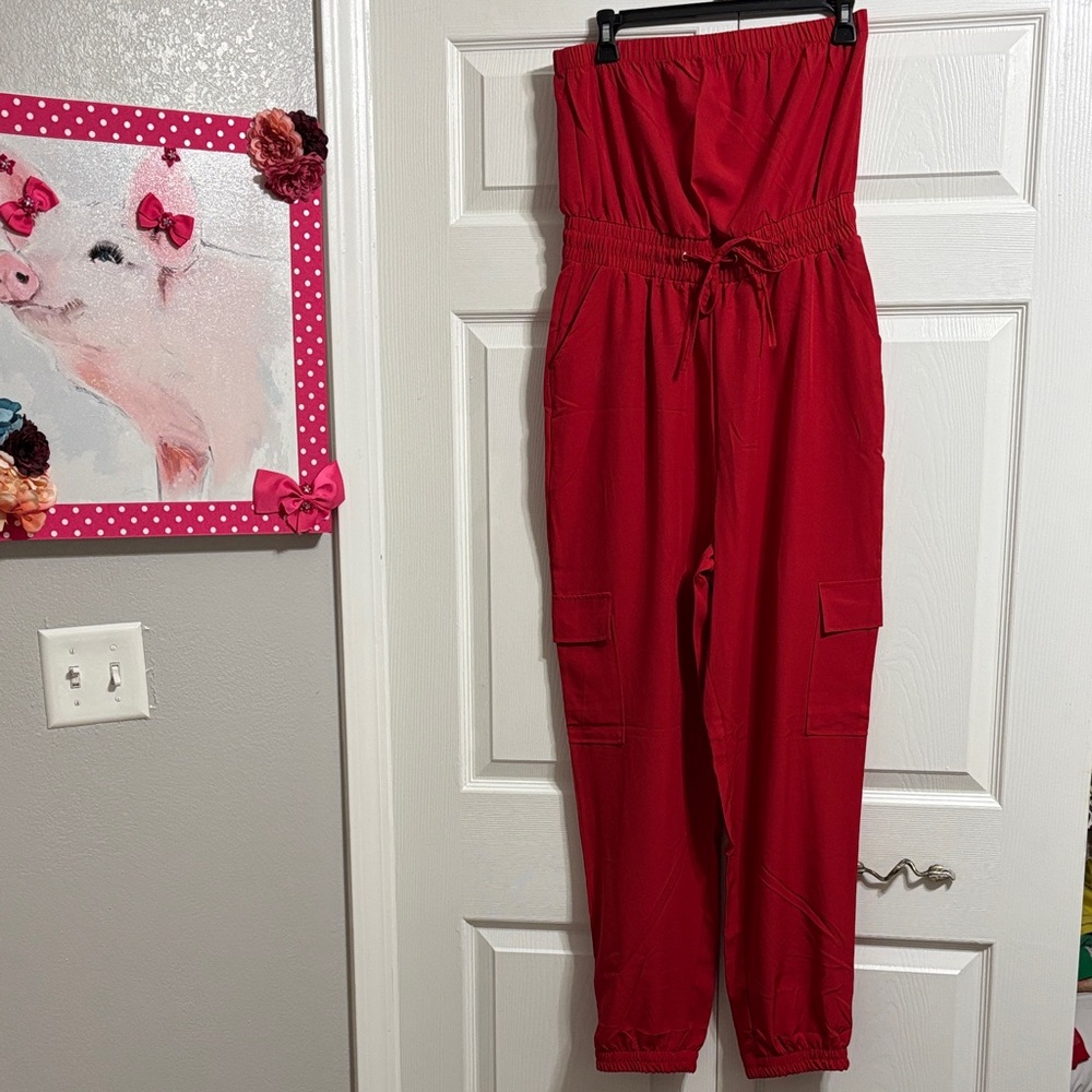 Strapless Red Cargo Jumpsuit with Drawstring Waist Brand New Never Worn